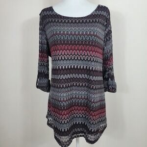 Cocomo Metallic Knit Tunic Top Womens XL Burgundy Multicolor Zig Zag Stripe Boho